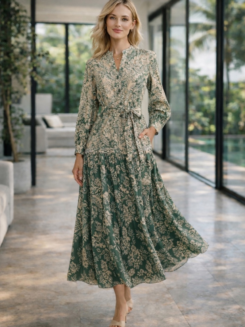 New Women's Green Paisley Maxi Dress with Long Sleeves one size - Picture 7 of 15